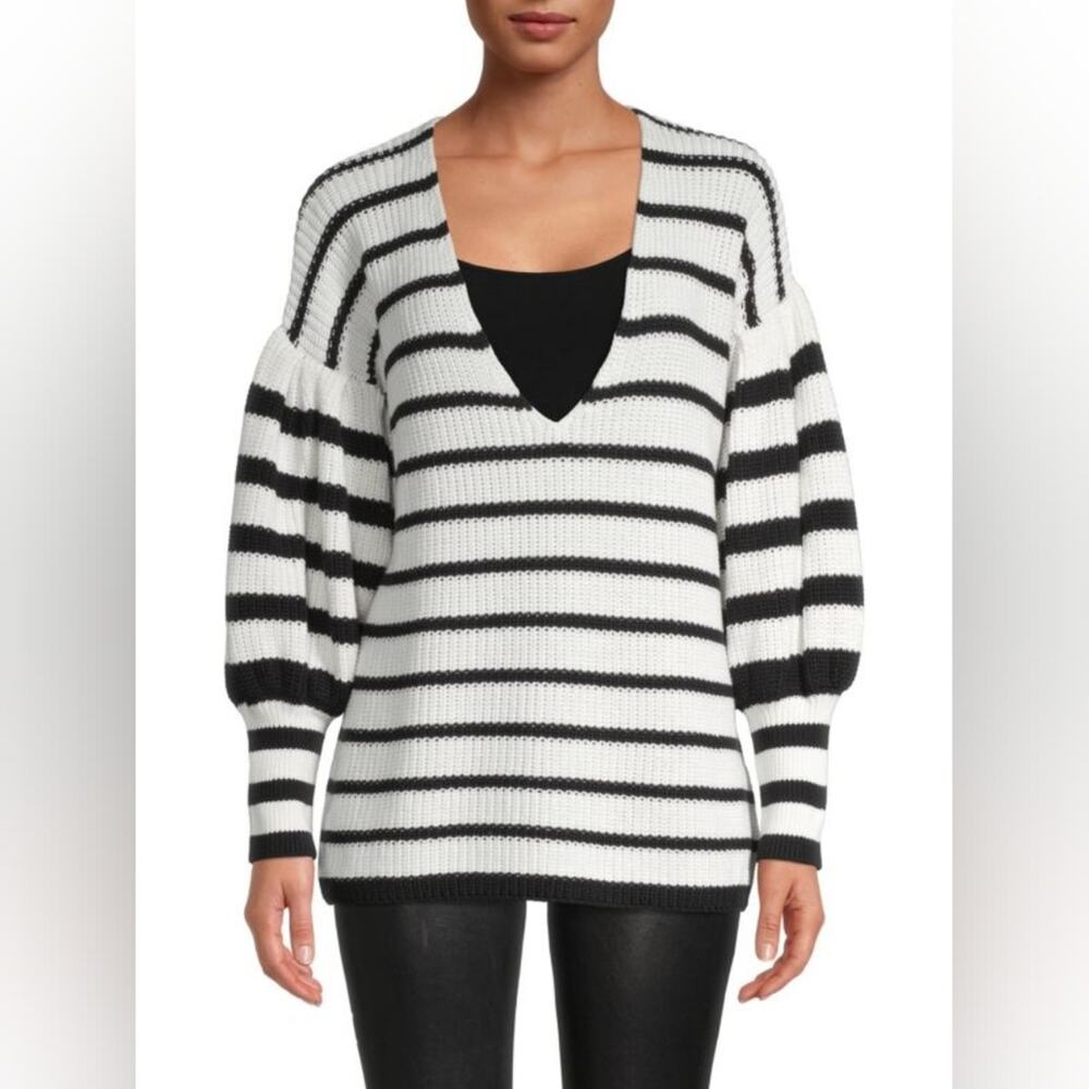 Caroline Constas oversized balloon sleeve white striped sweater size XS